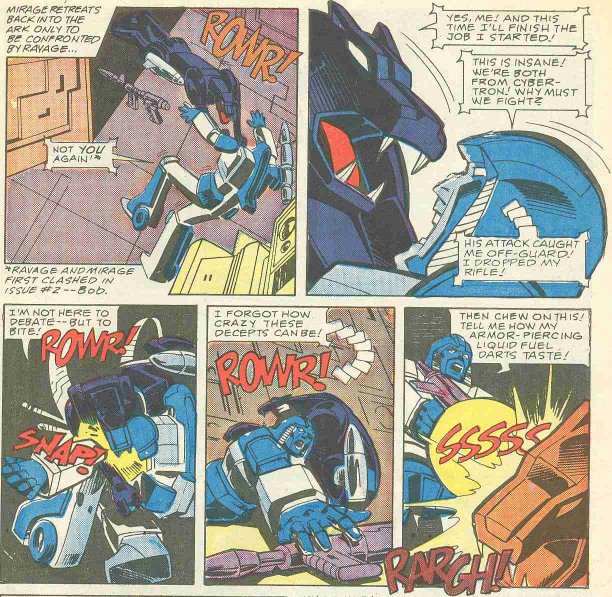 Autobot Mirage is attacked by the Decepticon panther Ravage.