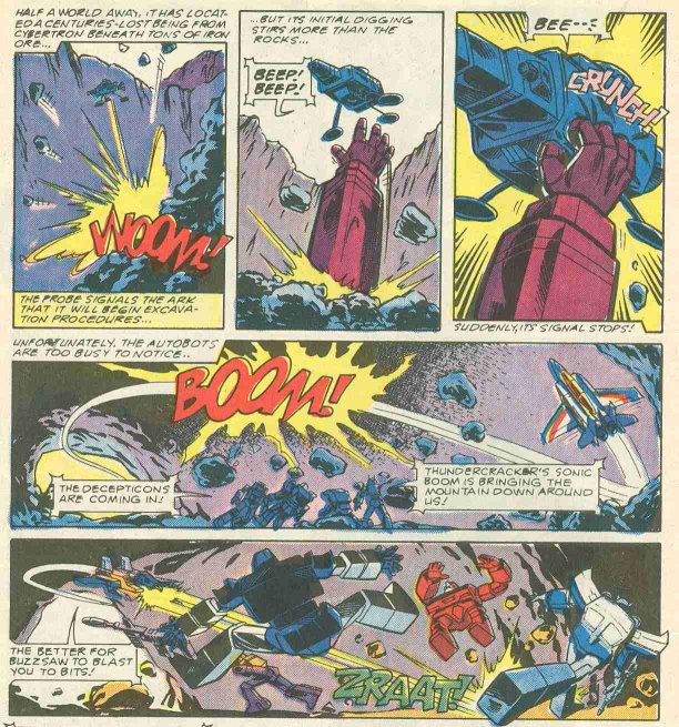 A hand reaches through debris and destroys a probe while the Decepticons attack the Autobots.