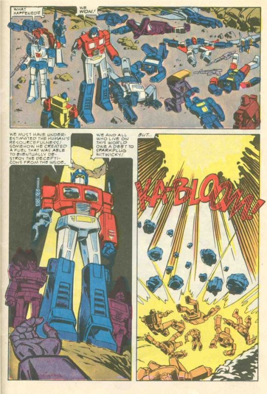 The Autobots celebrate a victory until a blast comes from the sky.