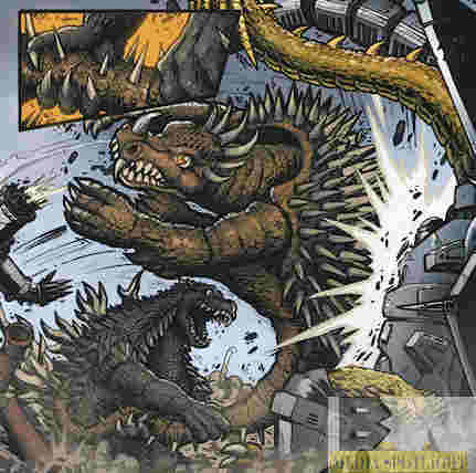 It's hard picking just one moment from this fight, but you're watching Godzilla use Anguirus to smash the assembly line MechaGodzillas. I'm predicting the winner this week.