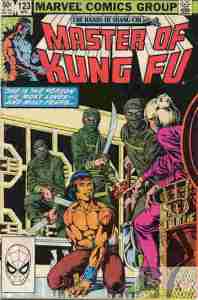 Cover to Master Of Kung Fu, as Shang-Chi is on his knees with a broken arm, Chinese "ninjas" with swords to his neck, and an old woman seemingly mocking him. (In the comic it was his mom.)