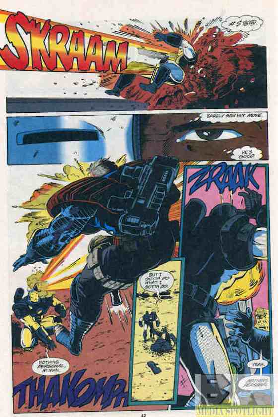 I need to art geek for a moment. I find it interesting that the guns sound effects can be read as "scram" and close to "take off". The last panel ruins that, though.