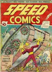 featuring Shock Gibson, the "human dynamo" lifting a tank on the battlefield, in this 1939 comic book