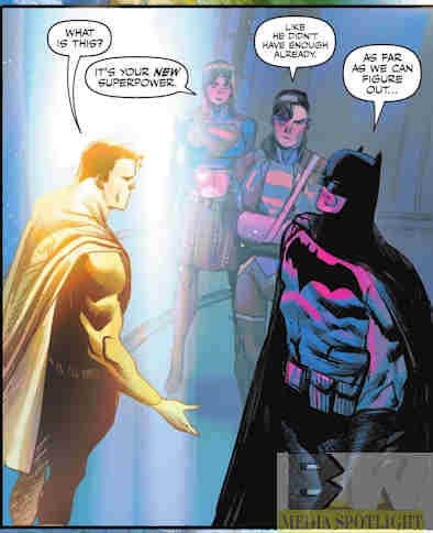 Superman is being told about his new superpower, Supergirl tells him it's a new power, Superboy (Conner Kent) notes that he already has so many, and Batman begins to explain it.