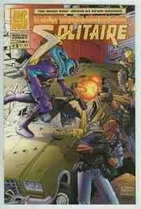 Solitaire jumps on a car shooting bad guys. The cover declares this a "jumping on point" for the comic.