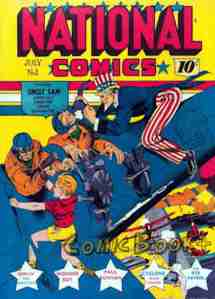 The superhero version of Uncle Sam and a child battle bad guys on their plane over a battlezone. 