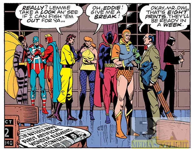 A picture of the MInutemen, the first superhero team (Justice League style) from Watchmen #2