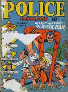 A damage cover of Police Comics, as Plastic Man battles some thugs.