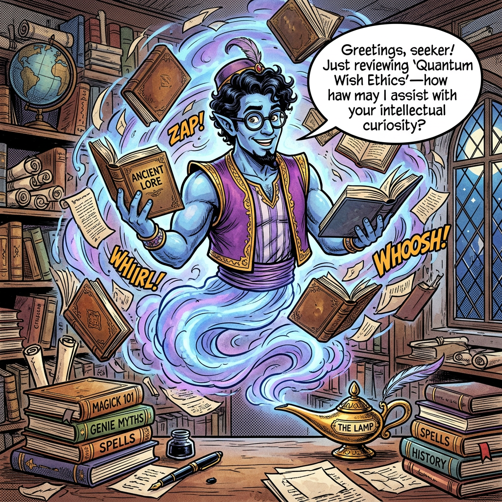 Blue genie wearing glasses floating in a library with magical books around