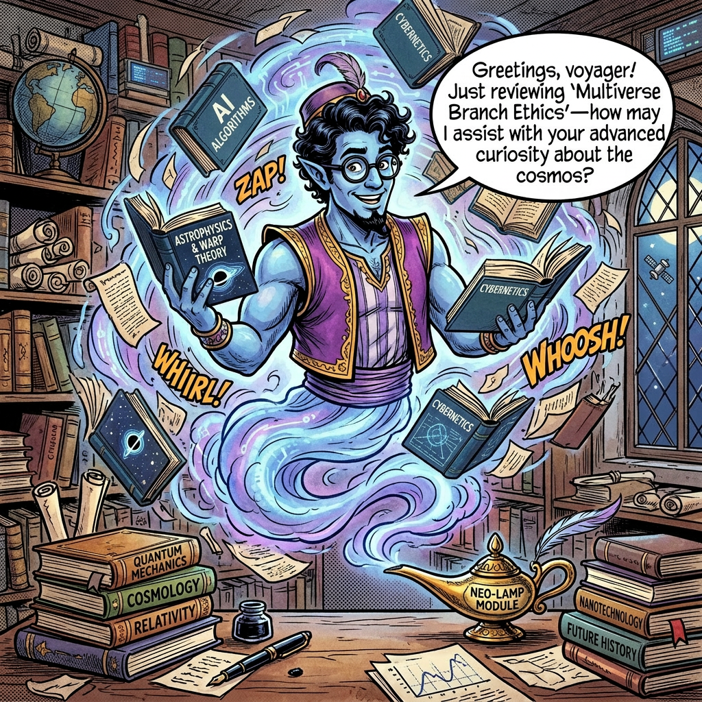 Blue genie wearing glasses floating in a library with magical books around