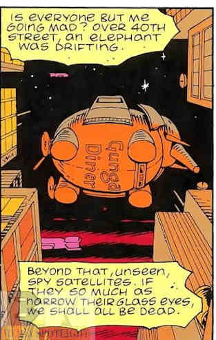 A floating elephant promoting a diner in the Watchmen comics.