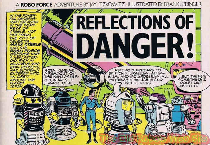robots standing around a telescope observing asteroids full of precious materials