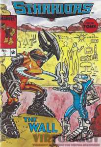 Two Starriors, one Destructor with a claw body, and a Protector, fighting near a wall depicting images of man.