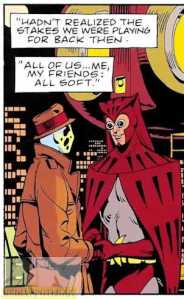 Rorschach and Nite Owl, shaking hands as friends.