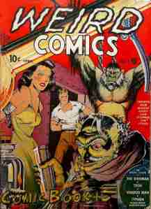 A girl and monkey chained to the wall as our hero shoots at a creepy mad scientist.